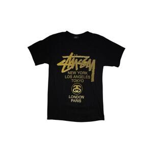 Stussy Gold Logo World Tour Tee Black Size Small Made in Mexico Streetwear